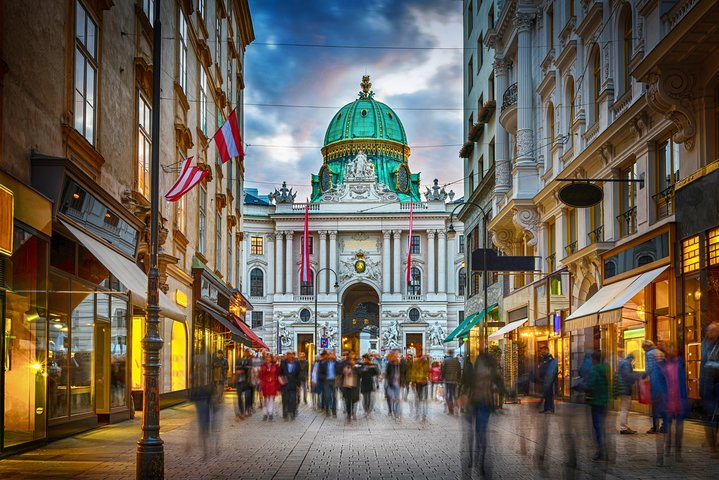 The pedestrian zone Herrengasse with a view towards imperial Hofburg palace 